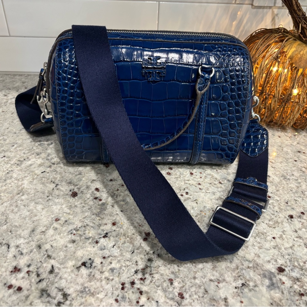 Tory Burch Navy Blue Croc-Embossed Shoulder Bag